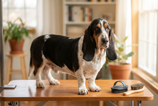 Basset Hound being groomed, showing the short tricolor coat, long droopy ears, low-slung wrinkled body texture