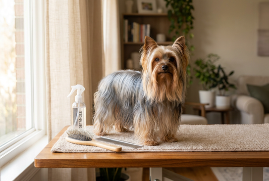 Yorkshire Terrier being groomed, showing the long fine silky steel-blue-and-tan single coat (resembles human hair) texture