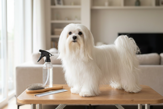 Maltese being groomed, showing the long silky pure white single coat (no undercoat) texture