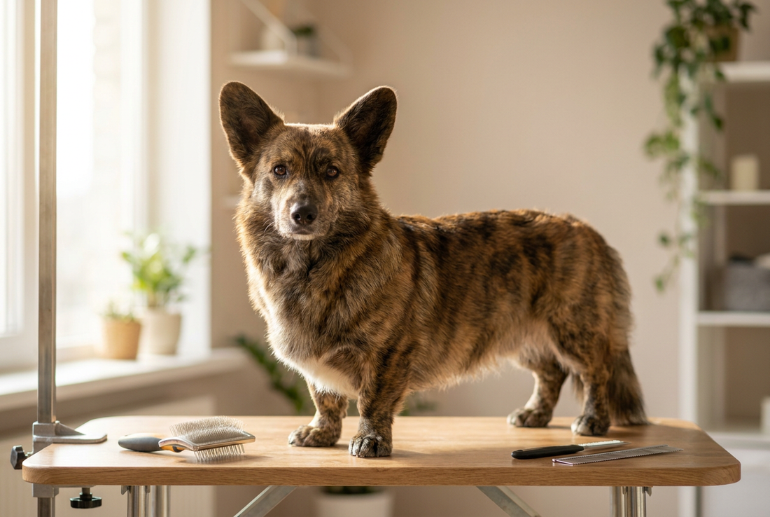 Cardigan Welsh Corgi being groomed, showing the medium-length brindle or sable double coat, long-bodied low-set frame texture