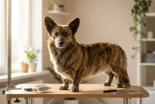 Cardigan Welsh Corgi being groomed, showing the medium-length brindle or sable double coat, long-bodied low-set frame texture