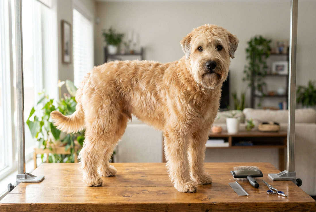 Soft Coated Wheaten Terrier being groomed, showing the soft silky wavy wheaten (warm gold) single coat texture