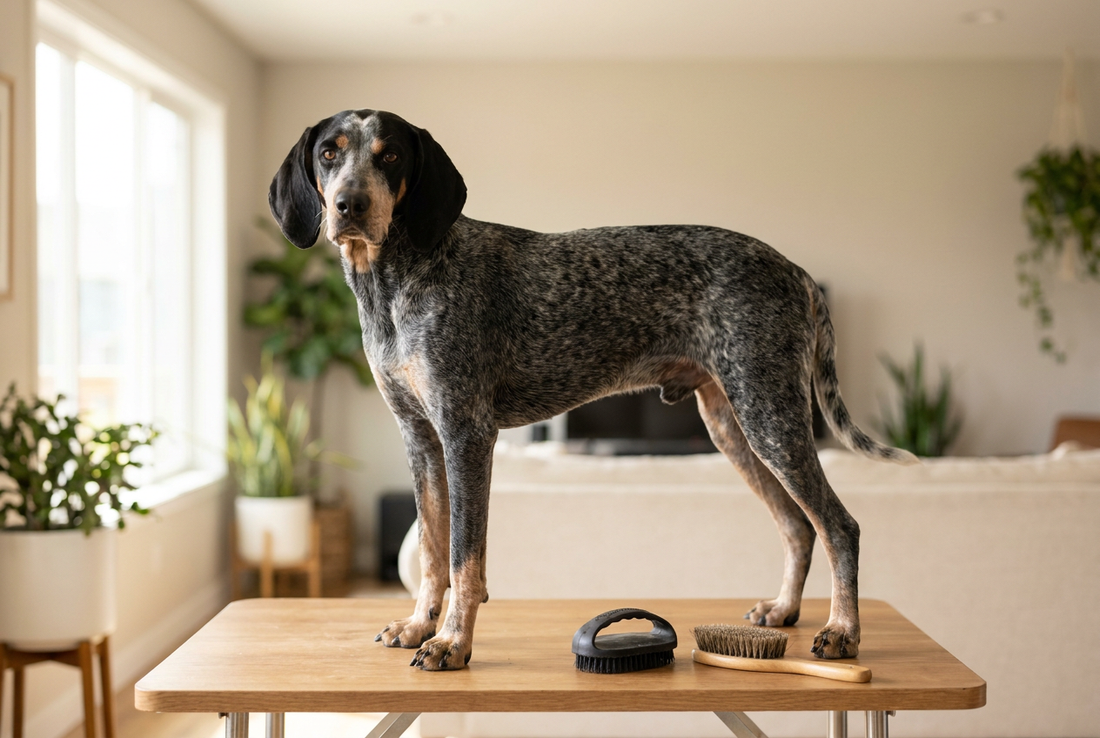 Bluetick Coonhound being groomed, showing the short blue-mottled (steel-blue ticking on white) coat texture