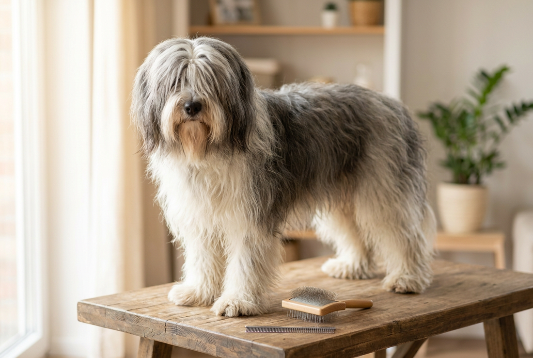 Polish Lowland Sheepdog being groomed, showing the long shaggy gray-and-white double coat covering the eyes texture