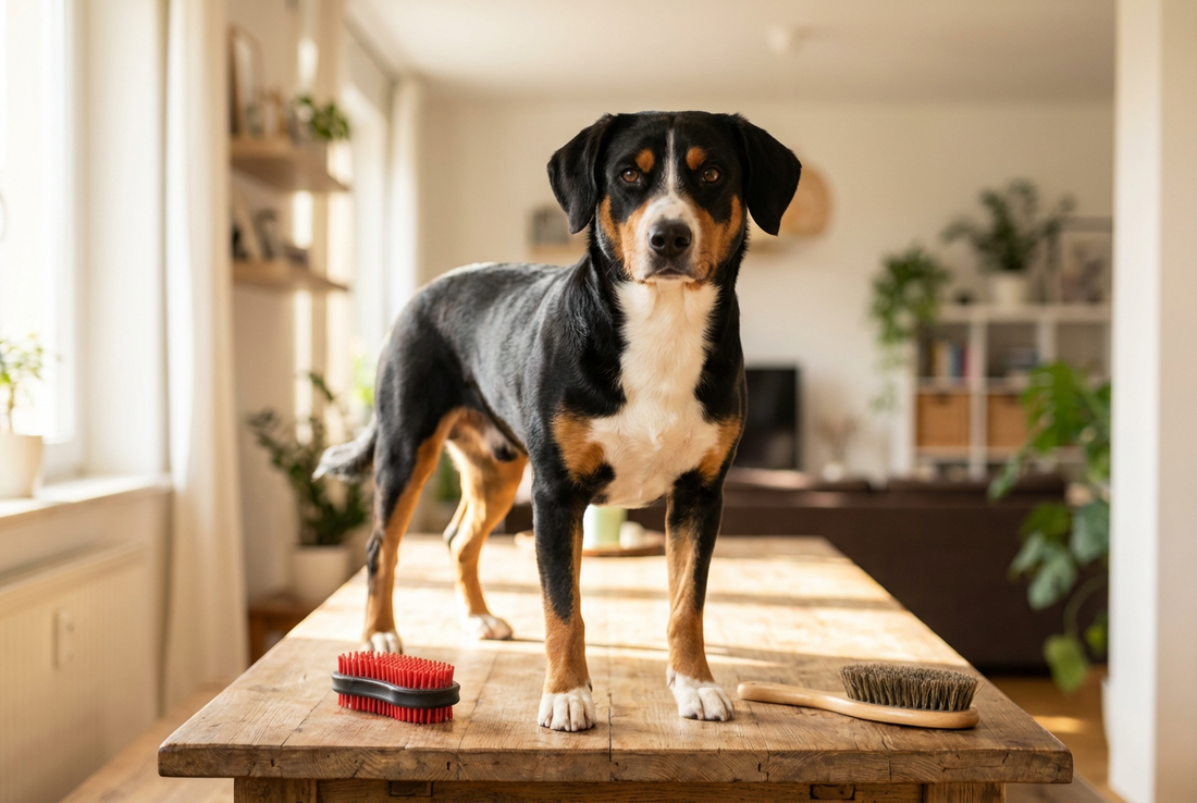 Entlebucher Mountain Dog being groomed, showing the short tricolor (black, rust, white) Swiss mountain dog coat with athletic compact frame texture