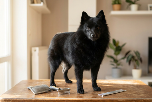 Schipperke being groomed, showing the thick black double coat with profuse ruff, fox-like face, naturally tailless texture