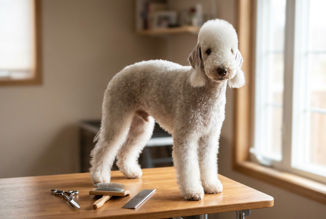 Bedlington Terrier being groomed, showing the crisp curly low-shedding lamb-like coat with a fluffy lighter topknot texture