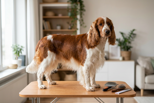 Welsh Springer Spaniel being groomed, showing the silky flat rich-red-and-white coat with feathering texture