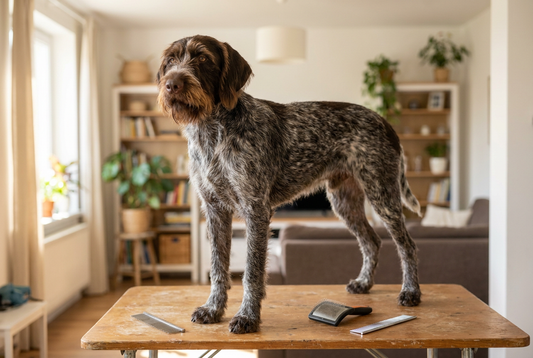 German Wirehaired Pointer being groomed, showing the harsh wiry liver-and-white coat with prominent beard and eyebrows texture