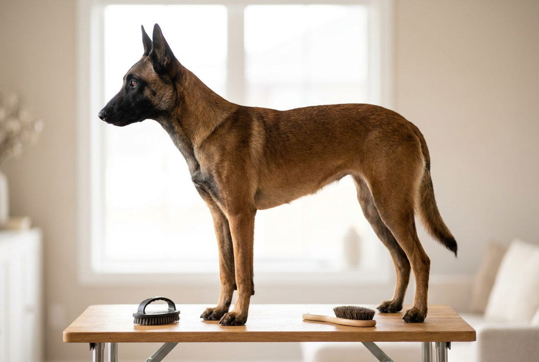 Belgian Malinois being groomed, showing the short fawn-mahogany coat with a black mask texture