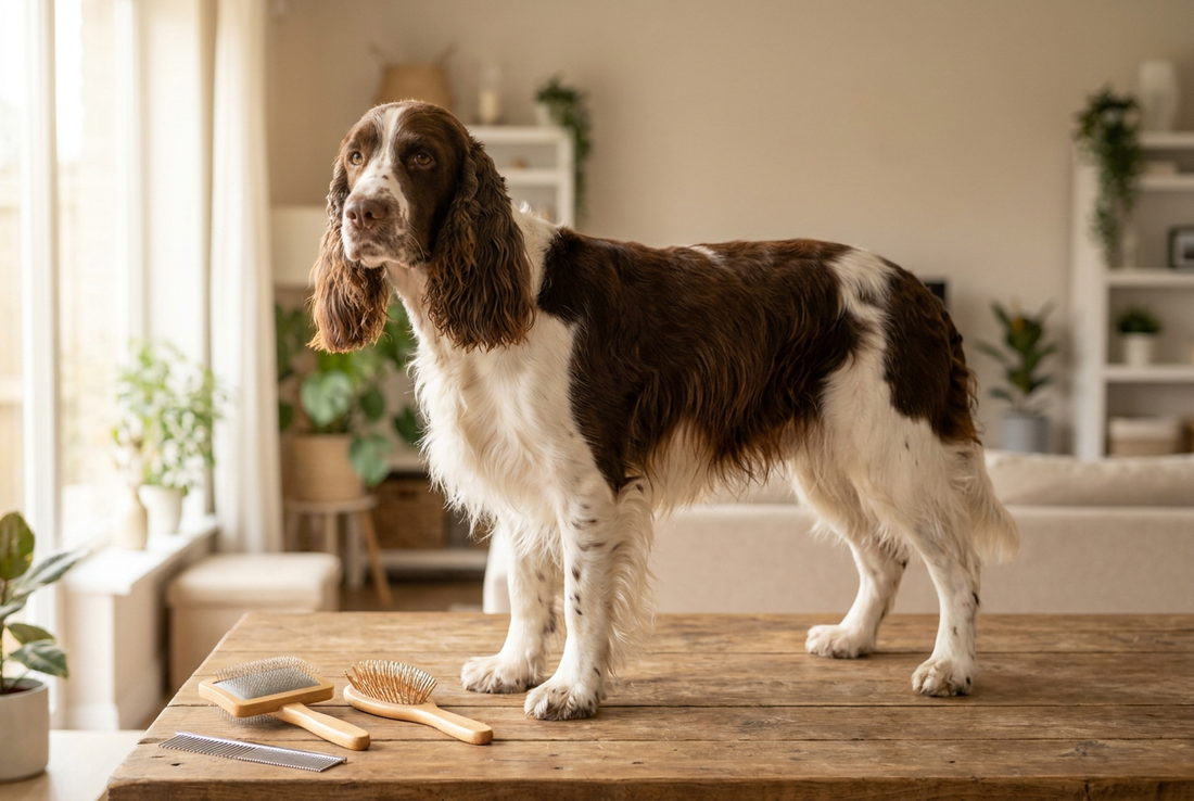 English Springer Spaniel being groomed, showing the medium wavy liver-and-white coat with long feathered ears texture