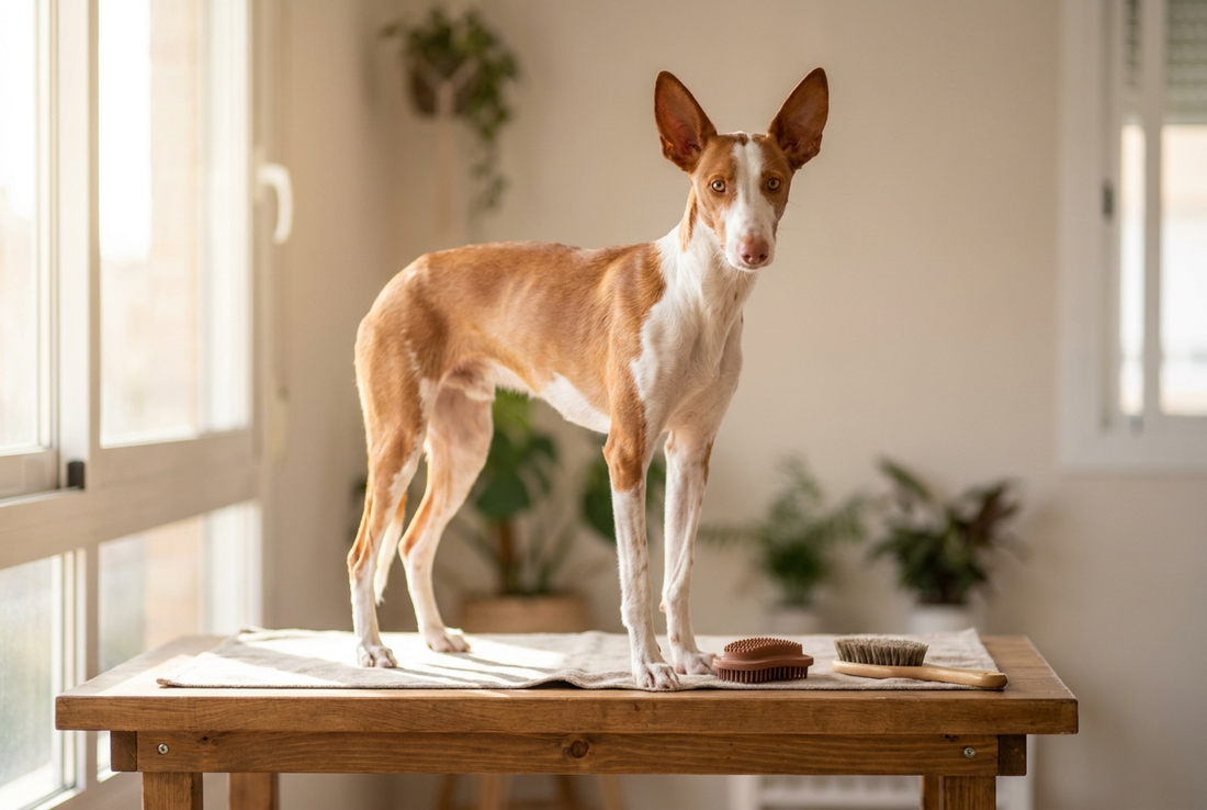 Ibizan Hound being groomed, showing the short fine red-and-white coat with large erect bat-like ears and amber eyes texture