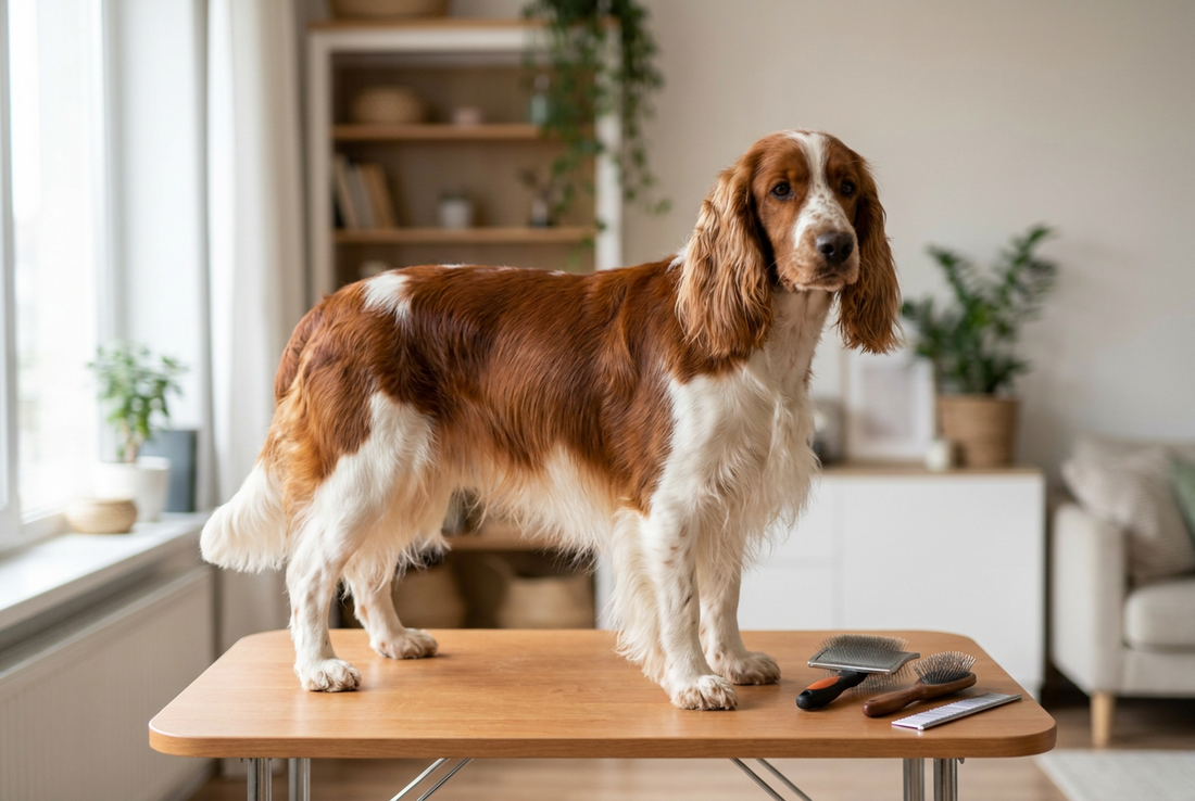 Welsh Springer Spaniel being groomed, showing the silky flat rich-red-and-white coat with feathering texture