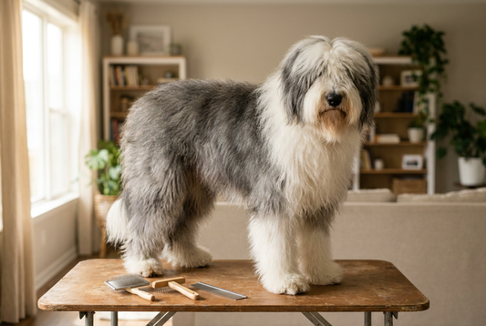 Old English Sheepdog being groomed, showing the profuse shaggy gray-and-white double coat covering the eyes texture
