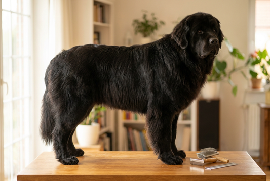 Newfoundland being groomed, showing the long dense flat black water-resistant double coat texture