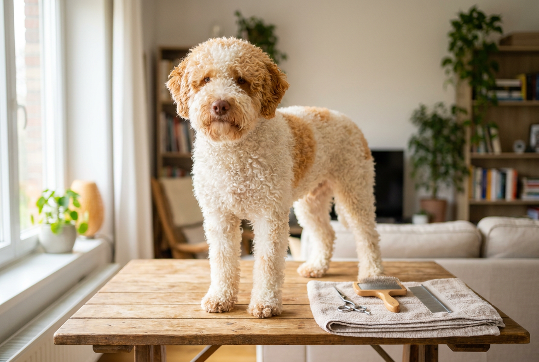 Lagotto Romagnolo being groomed, showing the dense tight off-white-and-orange curly coat texture
