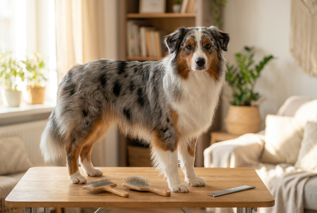 Miniature American Shepherd being groomed, showing the medium-length blue merle double coat with white and copper markings texture
