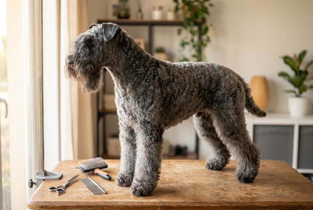 Kerry Blue Terrier being groomed, showing the soft dense wavy blue-gray coat with beard texture