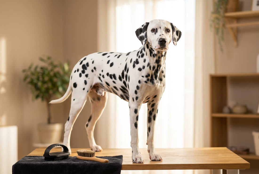 Dalmatian being groomed, showing the short white coat covered in distinctive black spots texture