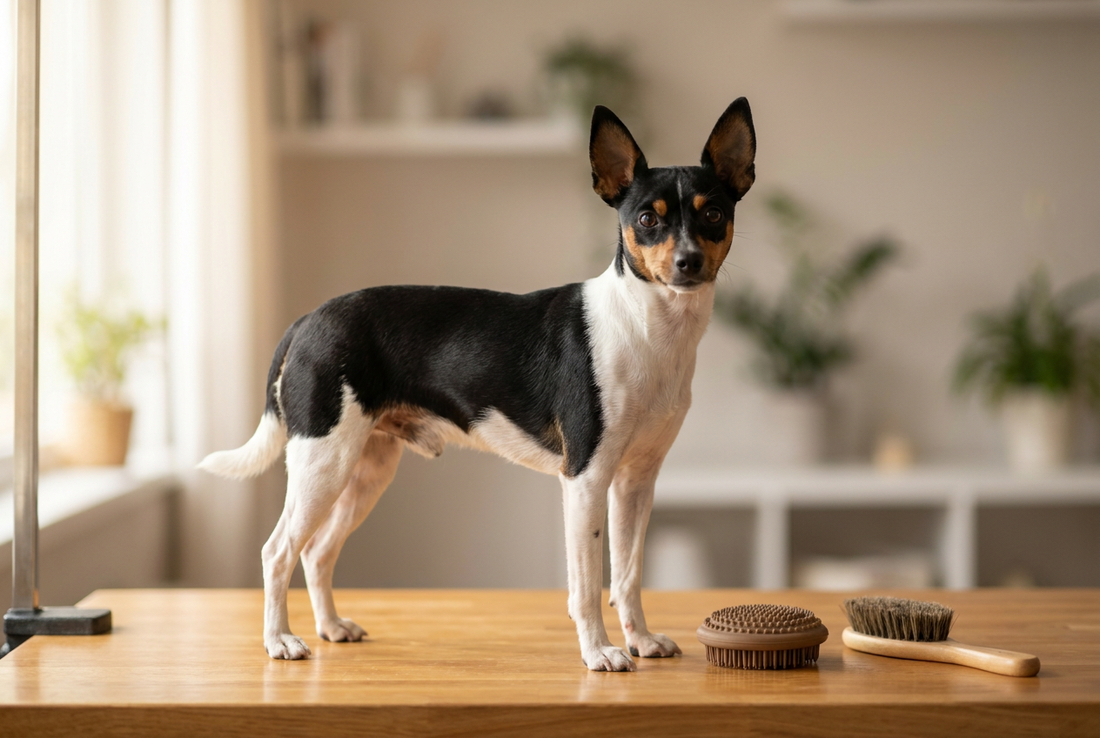 Toy Fox Terrier being groomed, showing the short tricolor (black, white, tan) toy frame texture