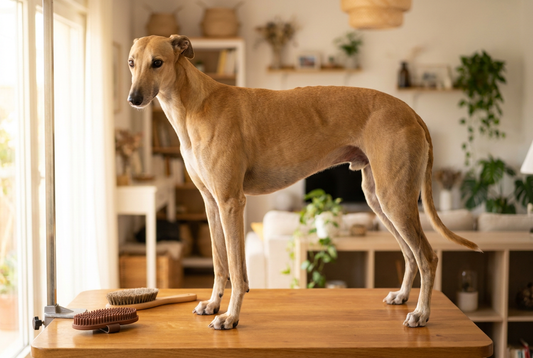 Greyhound being groomed, showing the very short fine fawn coat, narrow aerodynamic body, tucked abdomen texture