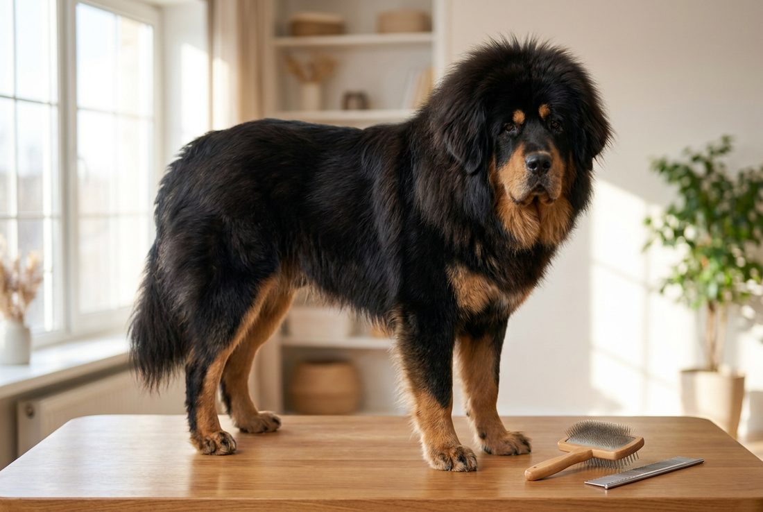 Tibetan Mastiff being groomed, showing the very thick black-and-tan double coat with a dramatic lion-like mane texture