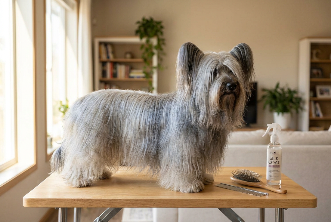 Skye Terrier being groomed, showing the long flowing silver-blue coat reaching the ground with drop ears texture
