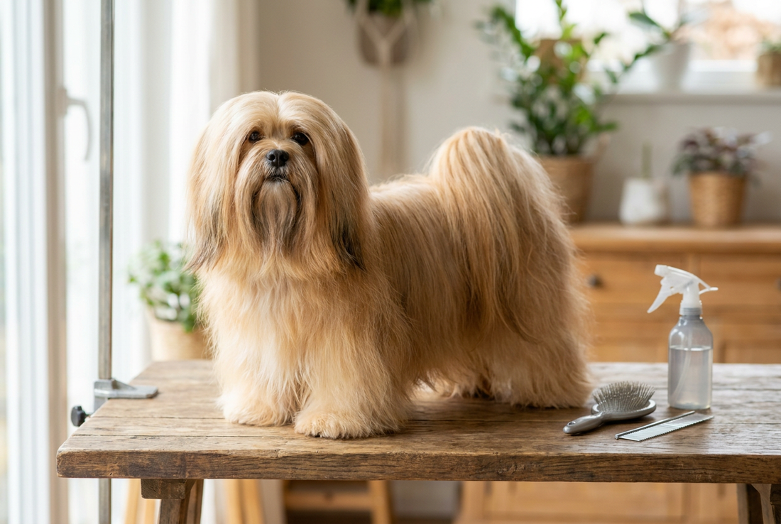Lhasa Apso being groomed, showing the long flowing silky golden double coat reaching the floor texture