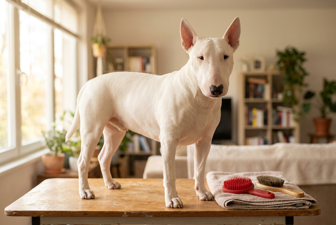 Bull Terrier being groomed, showing the short white coat with the iconic egg-shaped head profile texture