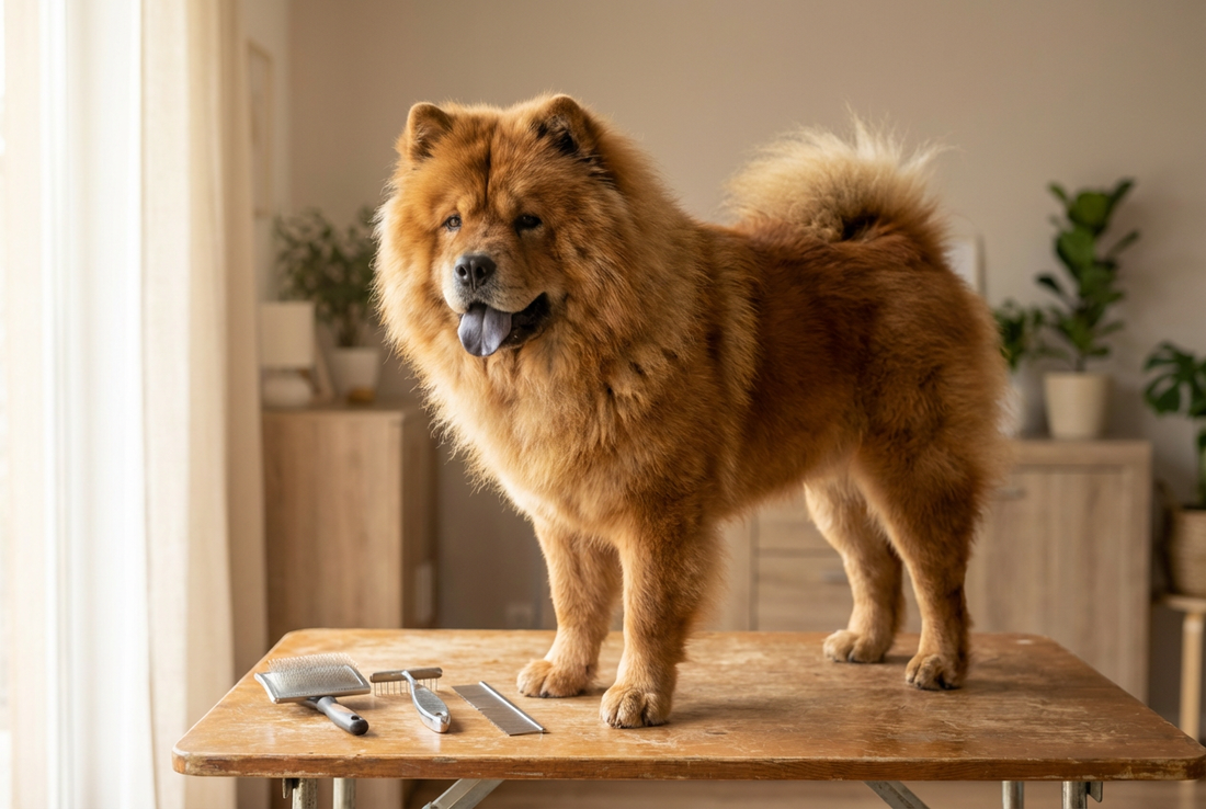 Chow Chow being groomed, showing the thick rough red double coat with a lion-like mane and blue-black tongue texture