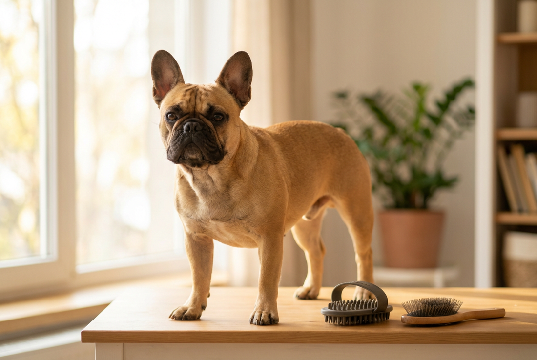 French Bulldog being groomed, showing the short fawn coat, large bat ears, flat brachycephalic face, compact heavy-boned frame texture