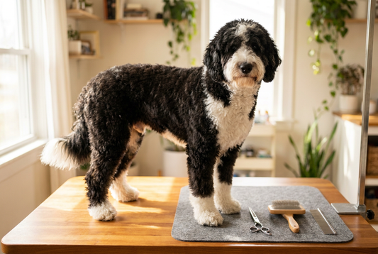 Sheepadoodle being groomed, showing the dense wavy or curly black-and-white panda coat (predominantly black with white markings on the chest, face, paws, and tail tip) texture
