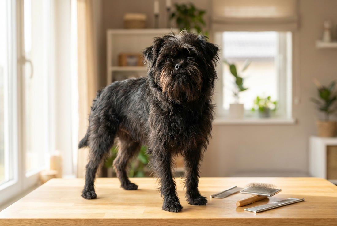 Affenpinscher being groomed, showing the scruffy wiry black coat with monkey-like beard and bushy eyebrows texture