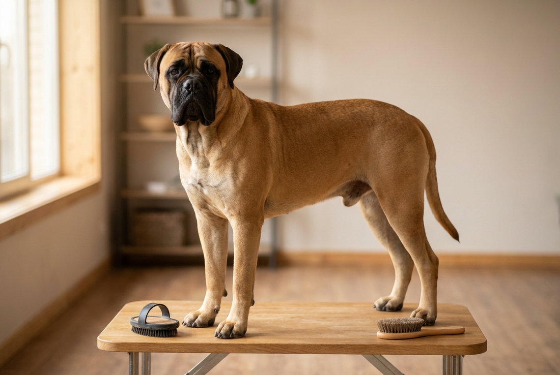 Bullmastiff being groomed, showing the short fawn coat with a black mask, large symmetrical frame texture