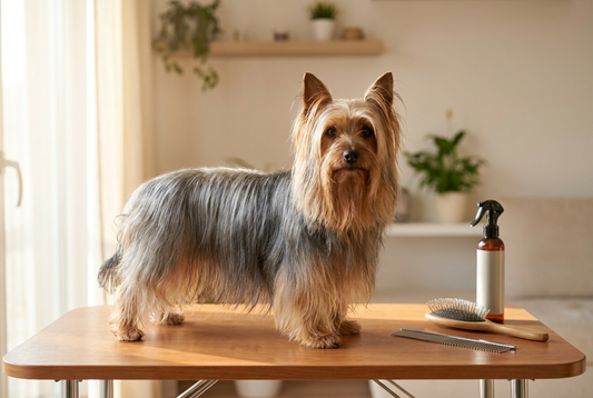 Silky Terrier being groomed, showing the long fine silky steel-blue-and-tan coat (resembles miniature Yorkie) texture
