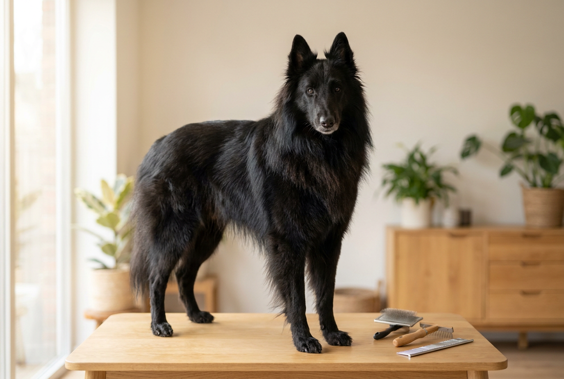 Belgian Sheepdog being groomed, showing the long jet-black double coat with abundant ruff and feathering texture