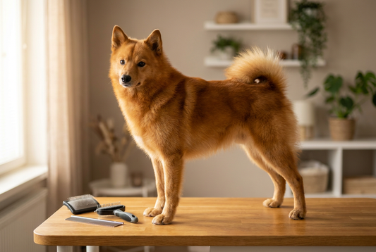 Finnish Spitz being groomed, showing the fox-red double coat with curled tail over the back, fox-like face texture
