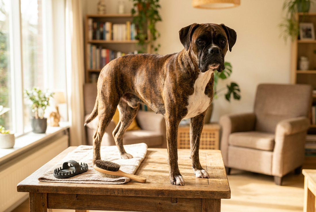 Boxer being groomed, showing the short fawn or brindle coat with white markings, square flat face texture