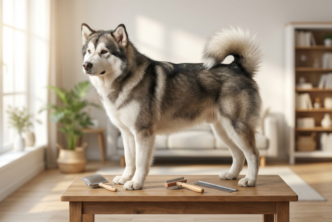 Alaskan Malamute being groomed, showing the thick gray-and-white double coat with plumed tail over the back texture