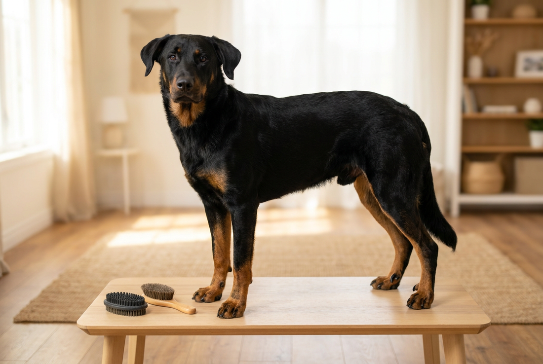 Beauceron being groomed, showing the short black-and-tan double coat with double dewclaws on rear legs, large athletic frame texture