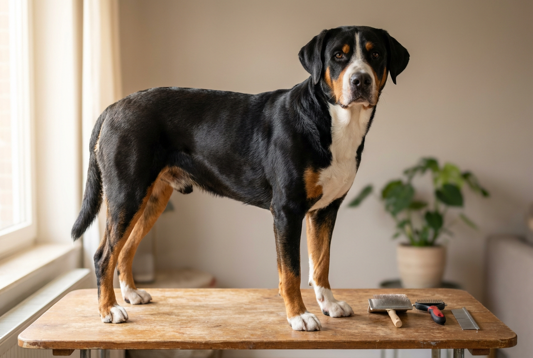Greater Swiss Mountain Dog being groomed, showing the short tricolor (black, rust, white) double coat, large powerful Swiss mountain frame texture