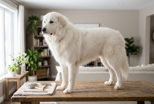 Great Pyrenees being groomed, showing the long thick weather-resistant white double coat texture