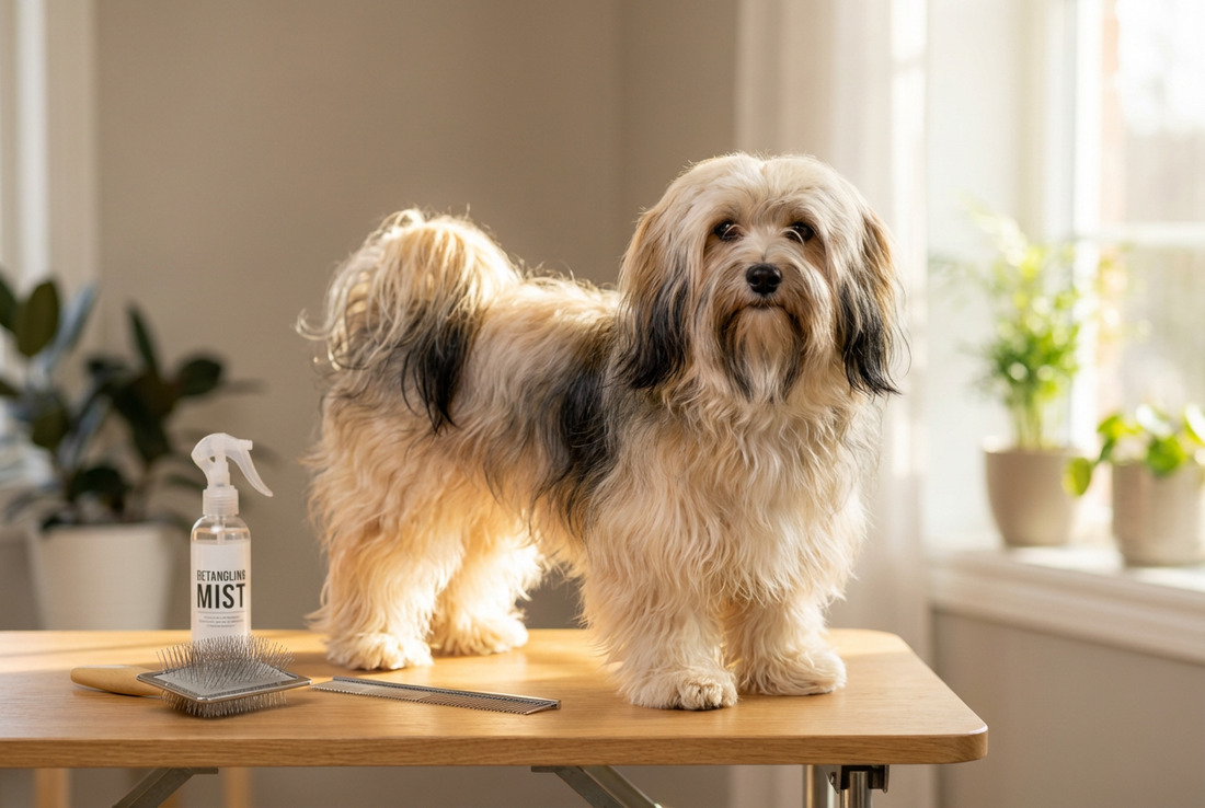 Havanese being groomed, showing the long silky wavy multi-color coat (cream, gold, black combinations) texture