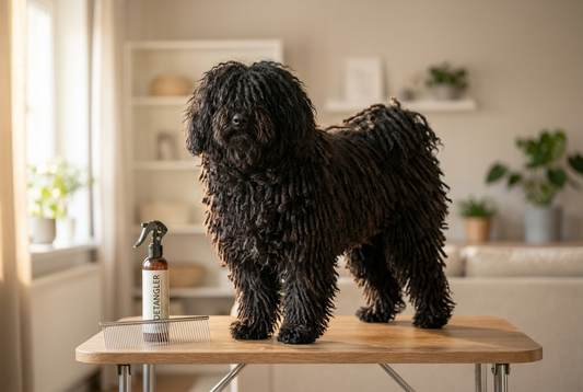 Puli being groomed, showing the long black corded mop-like coat texture