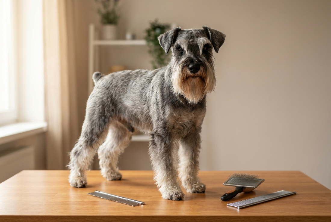 Miniature Schnauzer being groomed, showing the wiry salt-and-pepper coat with prominent beard and bushy eyebrows texture