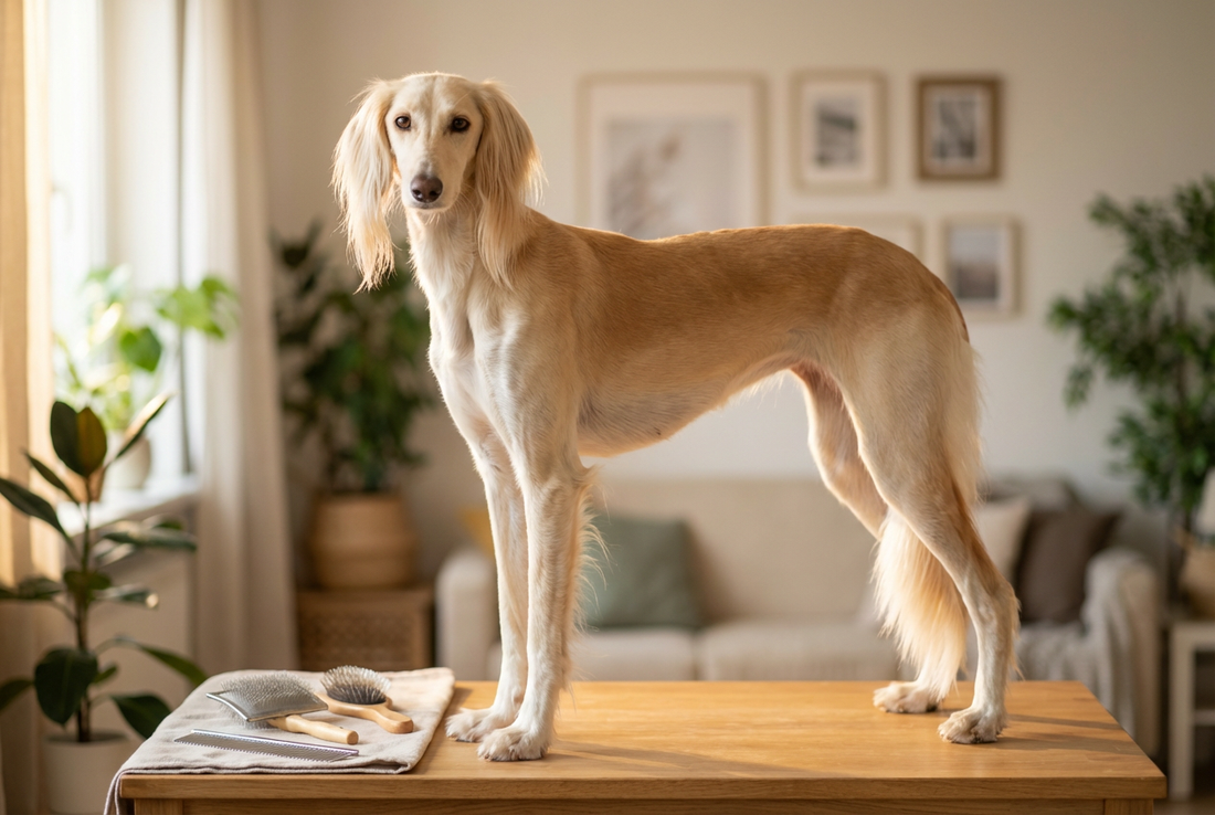 Saluki being groomed, showing the smooth cream-and-tan sighthound coat with feathered ears and tail texture