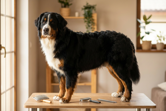 Bernese Mountain Dog being groomed, showing the long tri-color (black, rust, white) double coat texture