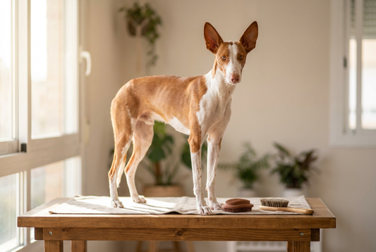 Ibizan Hound being groomed, showing the short fine red-and-white coat with large erect bat-like ears and amber eyes texture