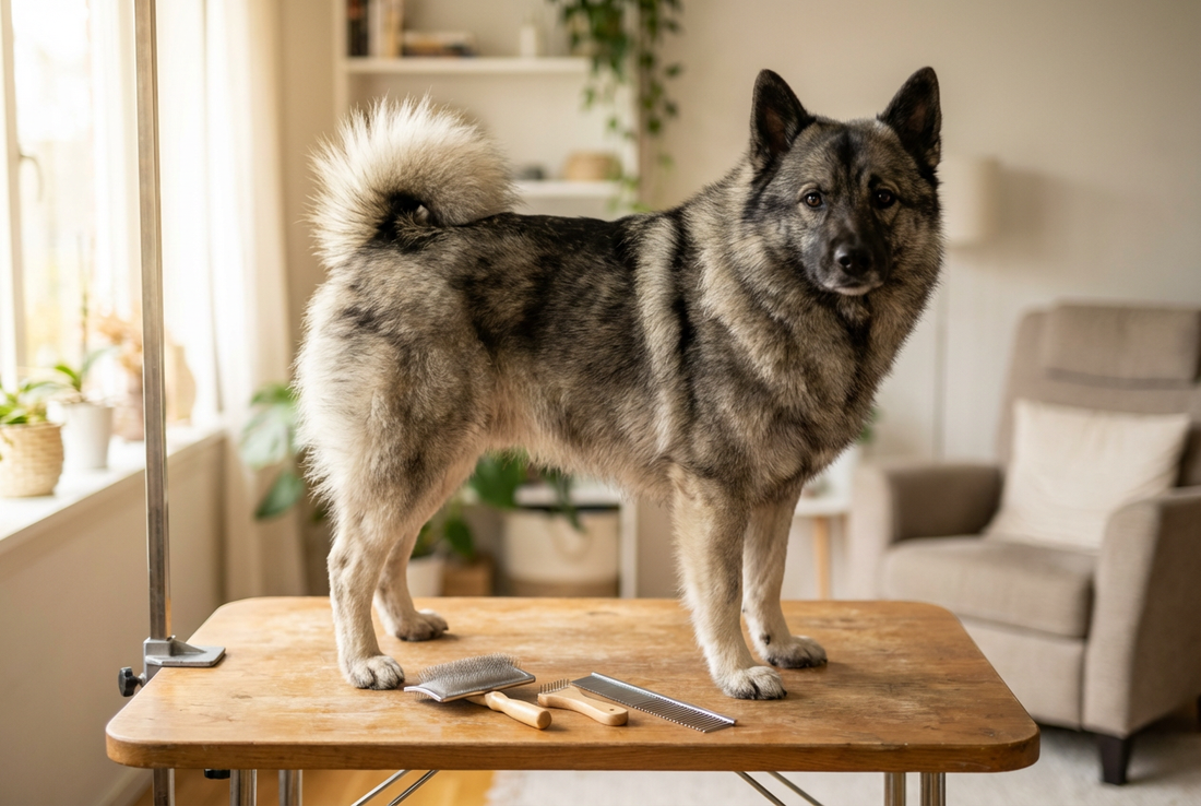 Norwegian Elkhound being groomed, showing the thick gray double coat with darker face and saddle, curled tail over back texture