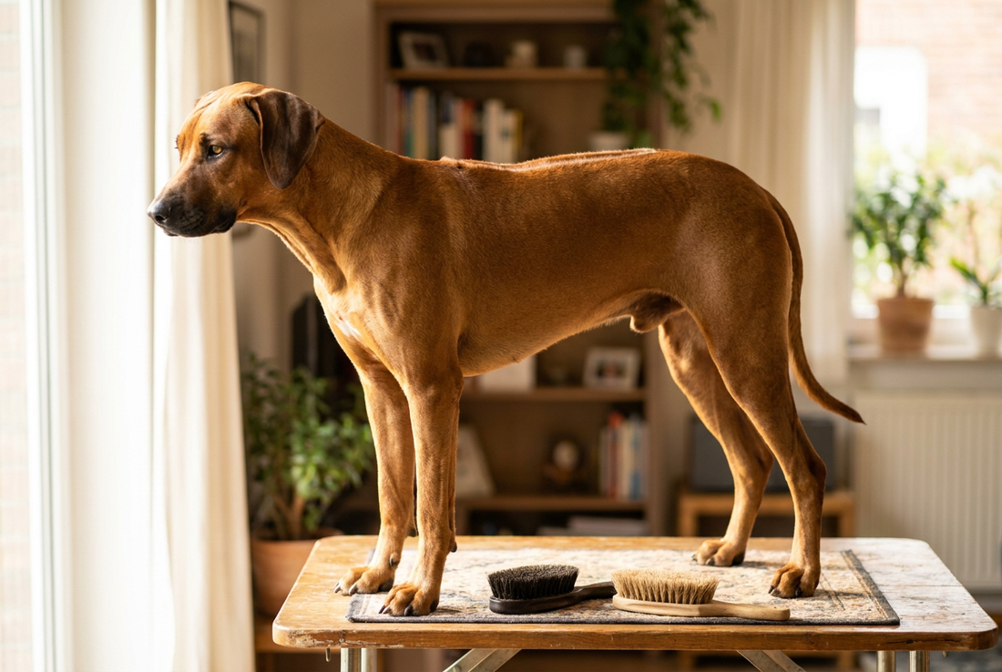 Rhodesian Ridgeback being groomed, showing the short wheaten coat with the distinctive reverse-growing dorsal ridge texture